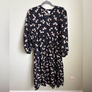 Black Floral Tiered Midi Dress with Tan Blossoms